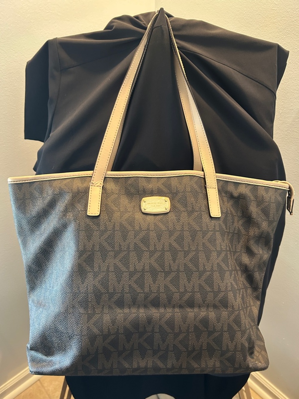 Michael Kors Brown MK Monogram Tote with Cream Handles